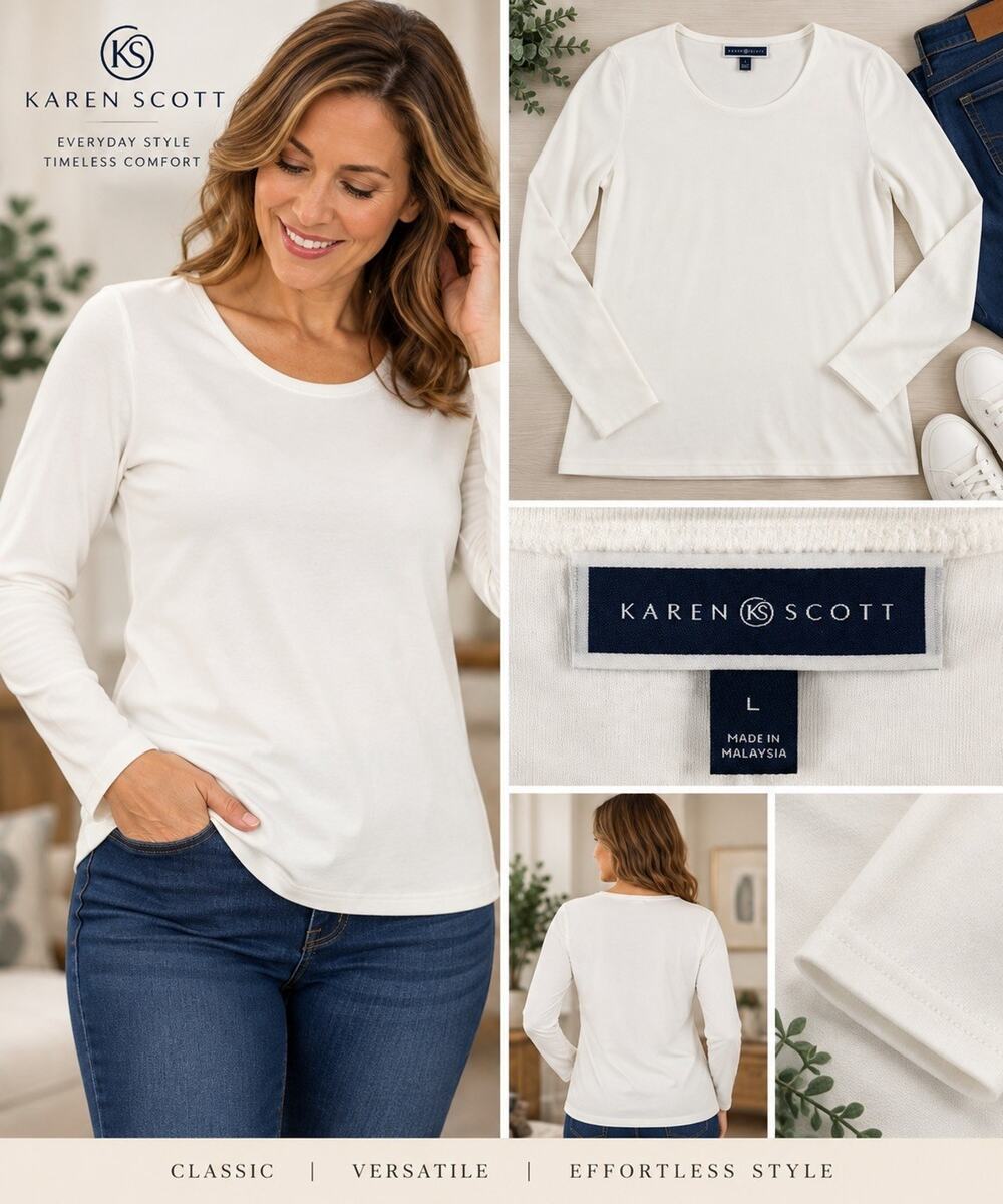 NWT Karen Scott Bright White Long Sleeve Scoop Neck Top Women's Large Cotton